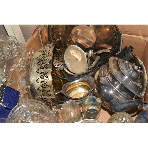 448 - FOUR BOXES OF CERAMICS, GLASS, METALWARE AND RECORDS, to include a Copeland Spode's Italian fruit bo... 