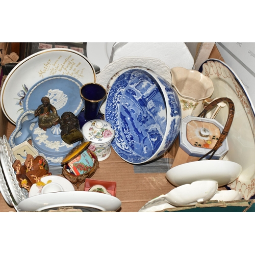 448 - FOUR BOXES OF CERAMICS, GLASS, METALWARE AND RECORDS, to include a Copeland Spode's Italian fruit bo... 