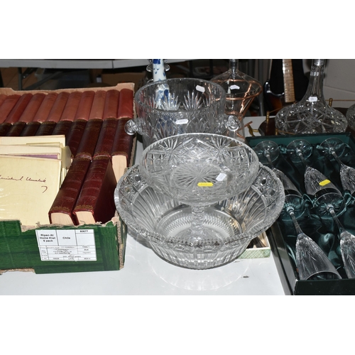 450 - TWO BOXES AND LOOSE GLASS WARE, BOOKS AND SUNDRY ITEMS, to include a cut crystal ice bucket, two shi... 