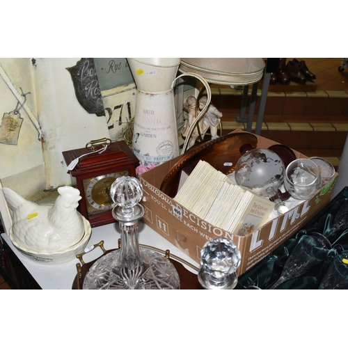 450 - TWO BOXES AND LOOSE GLASS WARE, BOOKS AND SUNDRY ITEMS, to include a cut crystal ice bucket, two shi... 