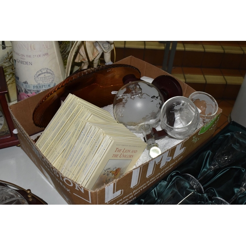 450 - TWO BOXES AND LOOSE GLASS WARE, BOOKS AND SUNDRY ITEMS, to include a cut crystal ice bucket, two shi... 