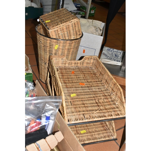 451 - FOUR BOXES AND LOOSE STATIONERY AND SUNDRY ITEMS, to include a wicker wastepaper basket and in-tray ... 