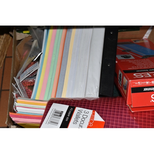 451 - FOUR BOXES AND LOOSE STATIONERY AND SUNDRY ITEMS, to include a wicker wastepaper basket and in-tray ... 