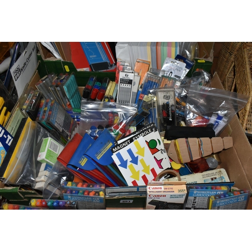 451 - FOUR BOXES AND LOOSE STATIONERY AND SUNDRY ITEMS, to include a wicker wastepaper basket and in-tray ... 