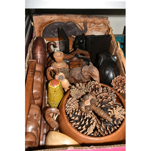 456 - TWO BOXES AND LOOSE TREEN AND SUNDRY ITEMS, to include a set of nesting dolls decorated as elephants... 