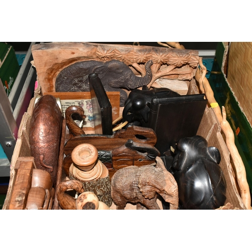 456 - TWO BOXES AND LOOSE TREEN AND SUNDRY ITEMS, to include a set of nesting dolls decorated as elephants... 