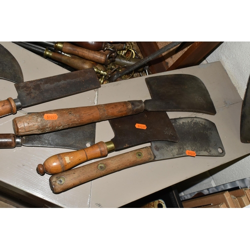 461 - A COLLECTION OF MEAT CLEAVERS AND KNIFE SHARPENERS, to include nine wooden handled meat cleavers, on... 