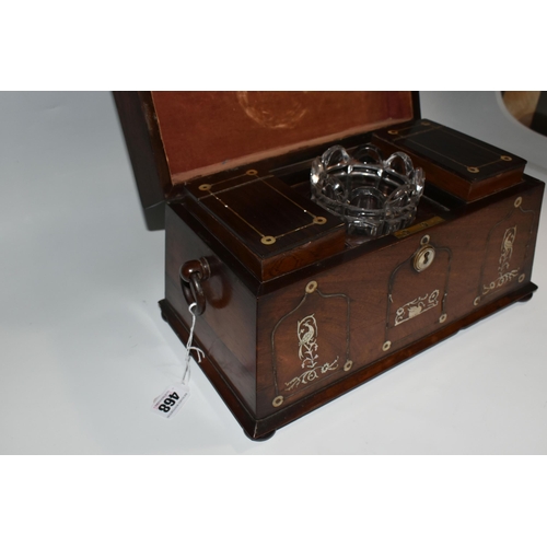 468 - A LATE GEORGIAN SARCOPHOGUS FORM TEA CADDY with two compartments and a glass central vase with decor... 