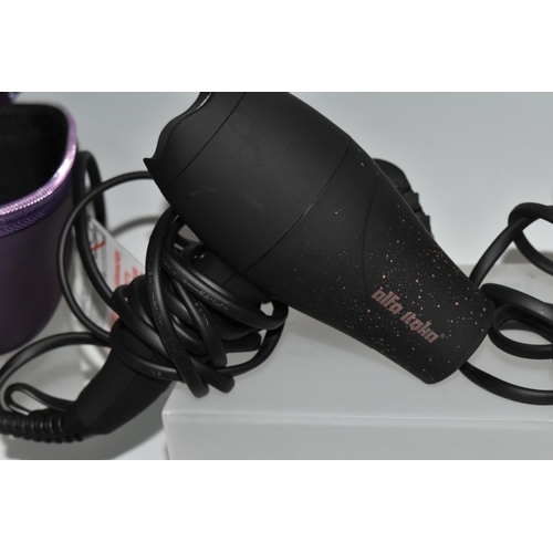 477 - A BOX OF HAIRSTYLING ELECTRICALS comprising a GHD Flight 2.0 hairdryer with purple carry case (origi... 