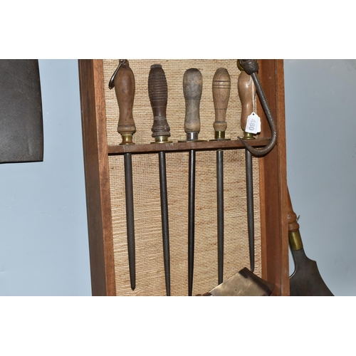 480 - A LARGE QUANTITY OF VINTAGE BUTCHER TOOLS to include fourteen antler handled knife sharpeners, many ... 