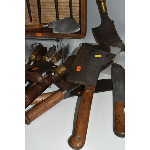 480 - A LARGE QUANTITY OF VINTAGE BUTCHER TOOLS to include fourteen antler handled knife sharpeners, many ... 