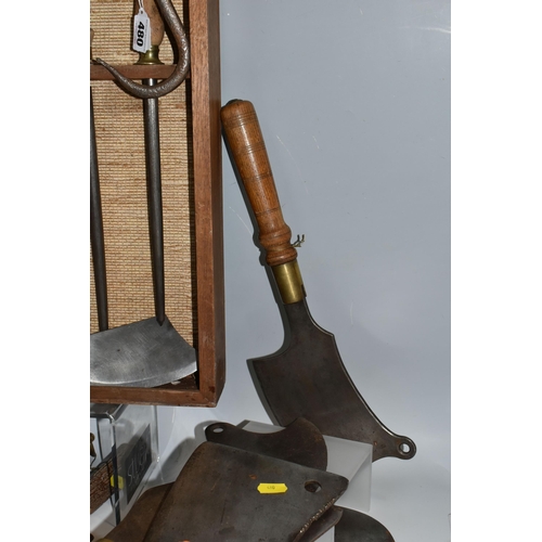 480 - A LARGE QUANTITY OF VINTAGE BUTCHER TOOLS to include fourteen antler handled knife sharpeners, many ... 