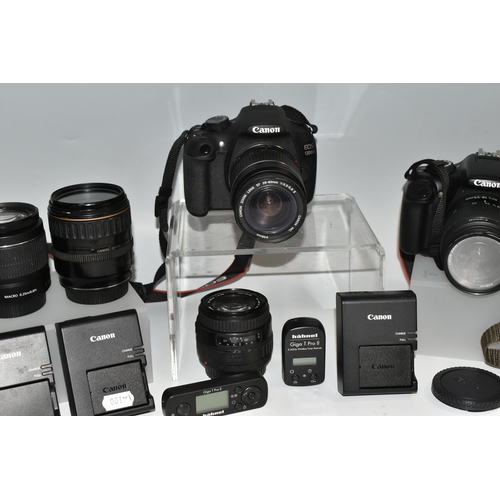 487 - A BOX OF CANON CAMERAS AND LENSES, to include, Canon EOS 1200D fitted with a Canon zoom lens 28-80mm... 