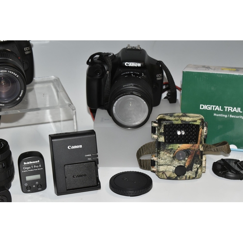 487 - A BOX OF CANON CAMERAS AND LENSES, to include, Canon EOS 1200D fitted with a Canon zoom lens 28-80mm... 