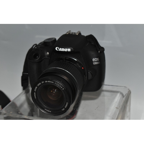 487 - A BOX OF CANON CAMERAS AND LENSES, to include, Canon EOS 1200D fitted with a Canon zoom lens 28-80mm... 