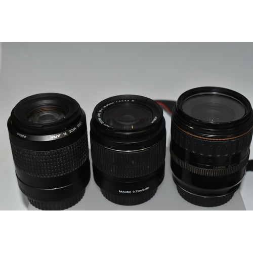 487 - A BOX OF CANON CAMERAS AND LENSES, to include, Canon EOS 1200D fitted with a Canon zoom lens 28-80mm... 