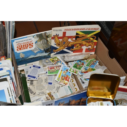 492 - TWO BOXES OF PICTURE CARDS, CARD ALBUMS, PLAYING CARDS, to include over forty albums with collectors... 