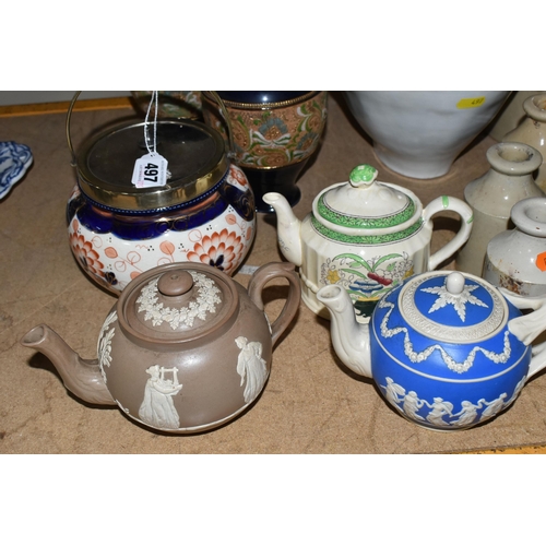 497 - A GROUP OF STONEWARE AND CERAMICS, comprising a Victorian jelly mould, foot warmer, jars and bottles... 