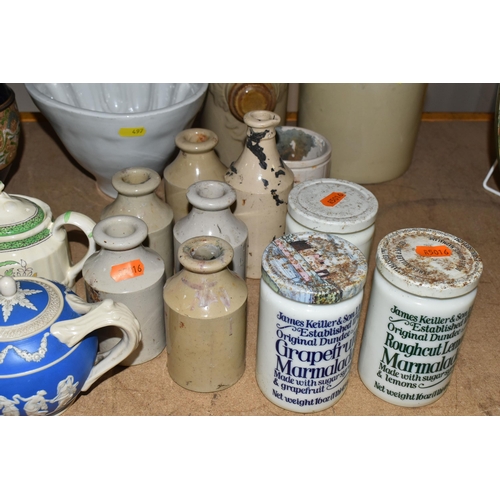 497 - A GROUP OF STONEWARE AND CERAMICS, comprising a Victorian jelly mould, foot warmer, jars and bottles... 