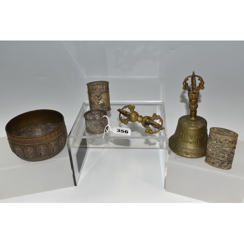 356 - A GROUP OF ASIAN METAL WARE, possibly Tibetan and Indian in origin, comprising a napkin ring decorat... 