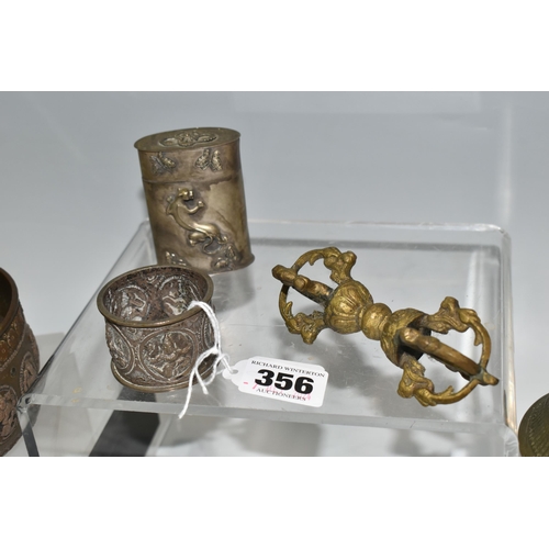 356 - A GROUP OF ASIAN METAL WARE, possibly Tibetan and Indian in origin, comprising a napkin ring decorat... 