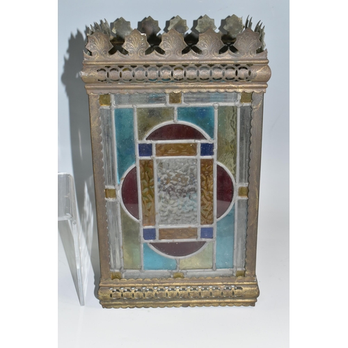 368 - A LEADED STAINED GLASS CEILING LIGHT, of rectangular form with four geometric stained glass panels, ... 