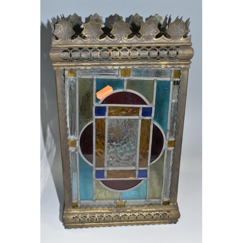 368 - A LEADED STAINED GLASS CEILING LIGHT, of rectangular form with four geometric stained glass panels, ... 