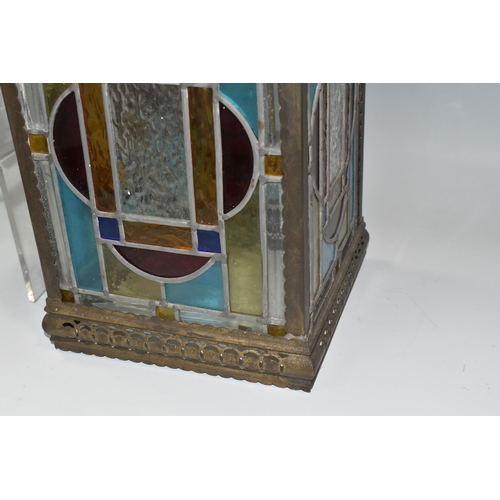 368 - A LEADED STAINED GLASS CEILING LIGHT, of rectangular form with four geometric stained glass panels, ... 