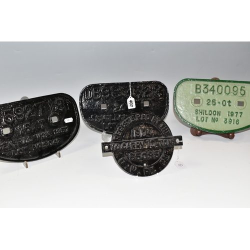 407 - RAILWAY INTEREST - FOUR RAILWAY PLATES, comprising three cast metal wagon solebar number plates for ... 