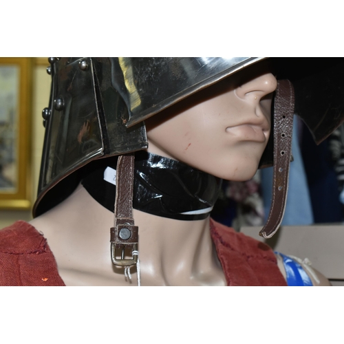 445 - A FULL SET OF ARMOUR AND A MANNEQUIN, full size wearable armour including helmet, breastplate, gaunt... 