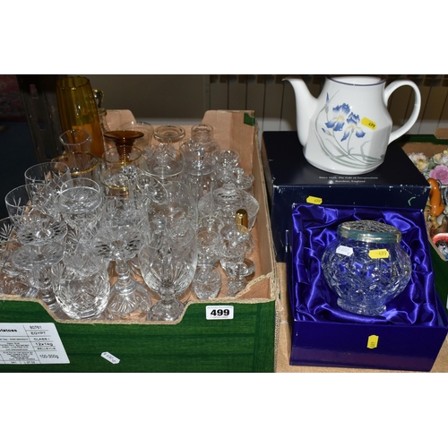 499 - THREE BOXES AND LOOSE CERAMICS AND GLASSWARE, to include a Caithness amethyst swirl bud vase and per... 