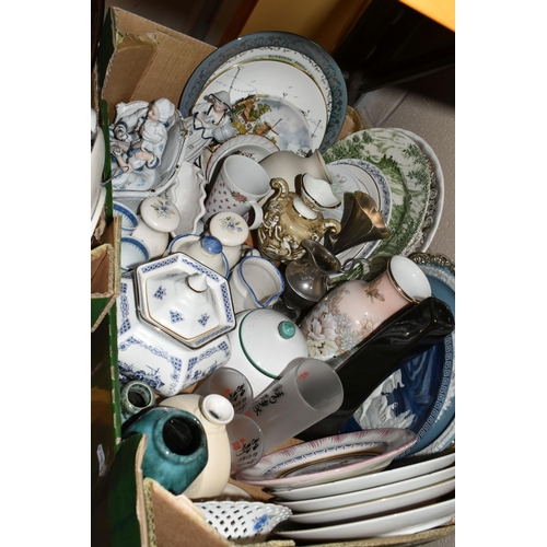 499 - THREE BOXES AND LOOSE CERAMICS AND GLASSWARE, to include a Caithness amethyst swirl bud vase and per... 