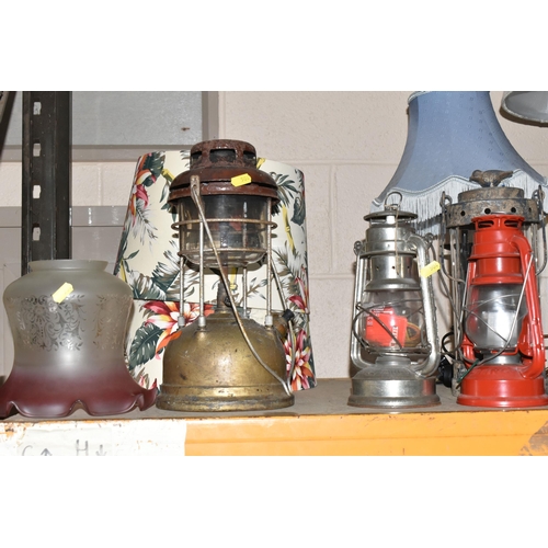 504 - A GROUP OF ASSORTED LAMPS, CEILING LIGHTS, AND CANDLESTICKS, to include a red Scouting battery lamp,... 