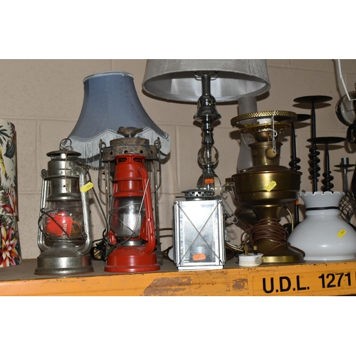 504 - A GROUP OF ASSORTED LAMPS, CEILING LIGHTS, AND CANDLESTICKS, to include a red Scouting battery lamp,... 