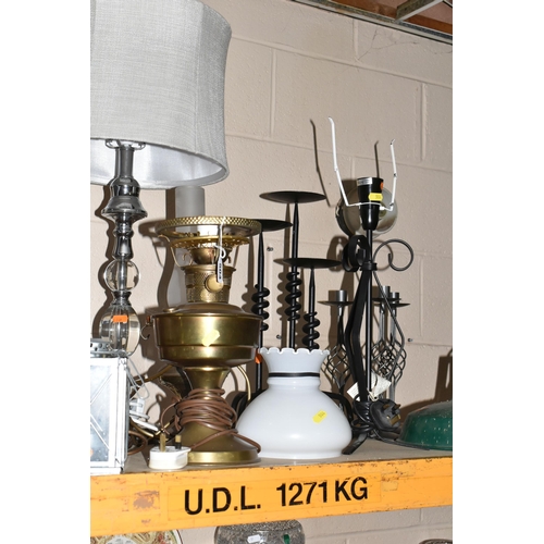 504 - A GROUP OF ASSORTED LAMPS, CEILING LIGHTS, AND CANDLESTICKS, to include a red Scouting battery lamp,... 