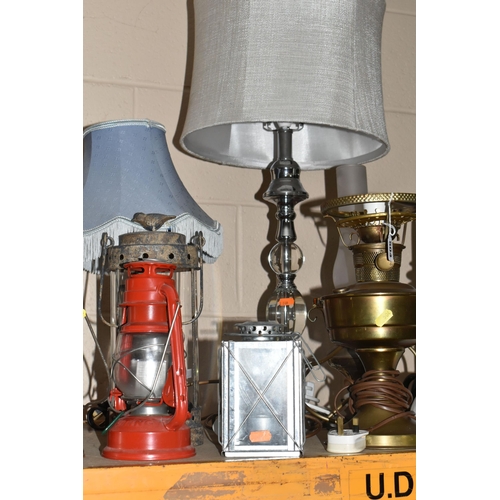 504 - A GROUP OF ASSORTED LAMPS, CEILING LIGHTS, AND CANDLESTICKS, to include a red Scouting battery lamp,... 