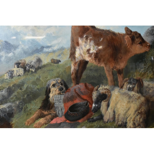 516 - GEORGE WILLIAM HORLOR (1823-1895) A HIGHLAND SCENE WITH ANIMALS, a dog covered in his masters blanke... 