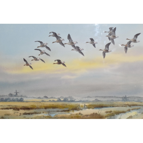 522 - ROBERT W. MILLIKEN (1920-2014) 'PINK FEET ARRIVING TO FEED IN CROMER MARSH', a gaggle of Pink-Footed... 