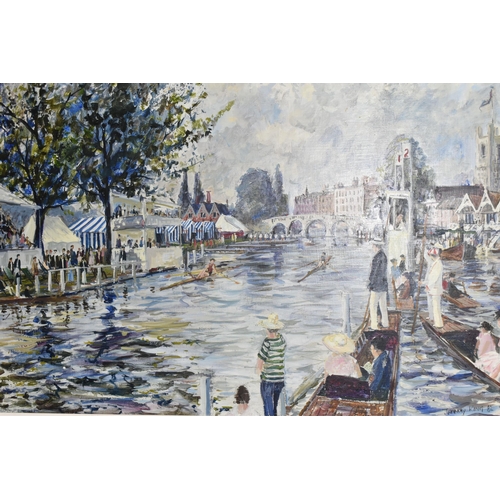 524 - JEREMY KING (BRITISH 1933-2020) 'THE FINISH, HENLEY', a depiction of Henley Royal Regatta on the Riv... 