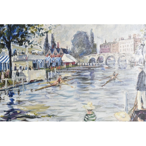 524 - JEREMY KING (BRITISH 1933-2020) 'THE FINISH, HENLEY', a depiction of Henley Royal Regatta on the Riv... 