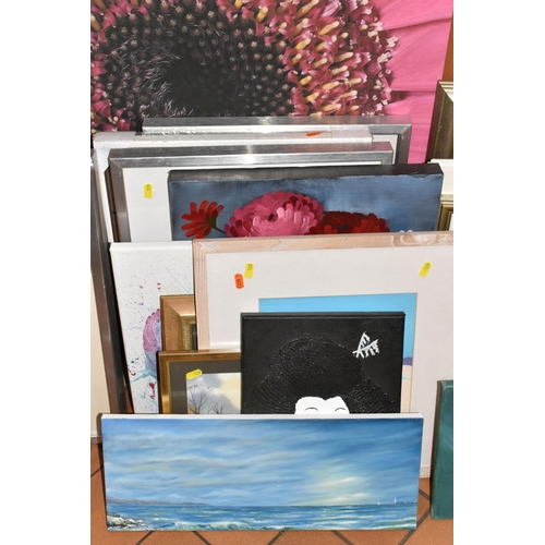 528 - A SMALL QUANTITY OF PAINTINGS, PRINTS AND IKEA PICTURE FRAMES ETC, to include an oil on board woodla... 