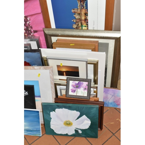 528 - A SMALL QUANTITY OF PAINTINGS, PRINTS AND IKEA PICTURE FRAMES ETC, to include an oil on board woodla... 