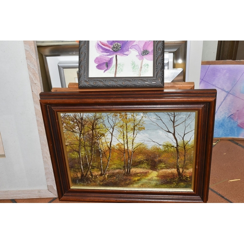 528 - A SMALL QUANTITY OF PAINTINGS, PRINTS AND IKEA PICTURE FRAMES ETC, to include an oil on board woodla... 