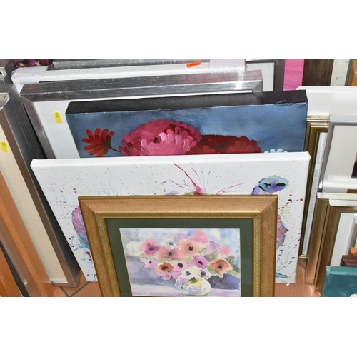 528 - A SMALL QUANTITY OF PAINTINGS, PRINTS AND IKEA PICTURE FRAMES ETC, to include an oil on board woodla... 