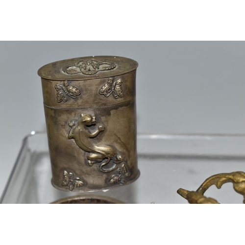 356 - A GROUP OF ASIAN METAL WARE, possibly Tibetan and Indian in origin, comprising a napkin ring decorat... 