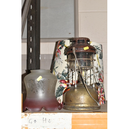 504 - A GROUP OF ASSORTED LAMPS, CEILING LIGHTS, AND CANDLESTICKS, to include a red Scouting battery lamp,... 