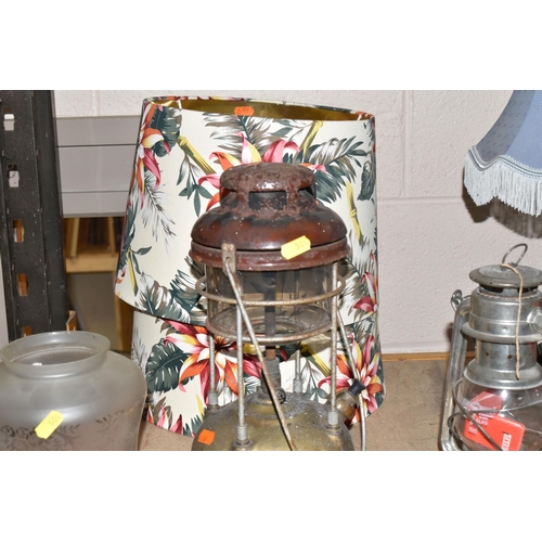 504 - A GROUP OF ASSORTED LAMPS, CEILING LIGHTS, AND CANDLESTICKS, to include a red Scouting battery lamp,... 