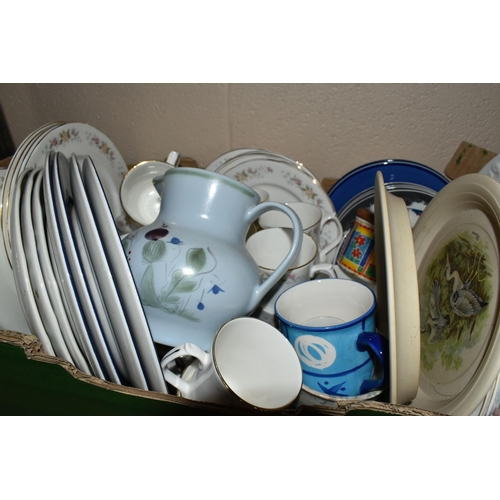 507 - TWO BOXES OF CERAMICS, to include a Highbank-Lochgilphead pottery vase, dinnerware, vases, teapot, e... 