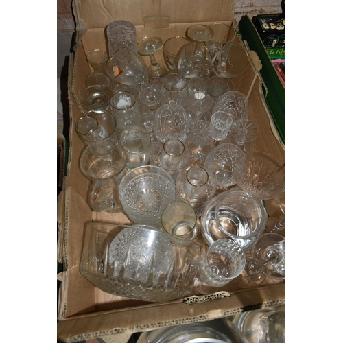 510 - FOUR BOXES AND LOOSE GLASSWARE, CDS AND SUNDRIES, to include a Royal Doulton Crystal vase, wine glas... 