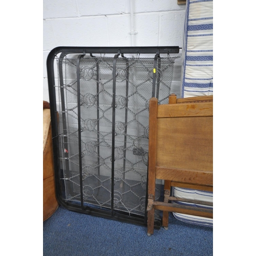 1190 - A SLUMBEREZEE 4FT6 MATTRESS, and an oak bedstead, with metal sprung base, and metal siderails (condi... 